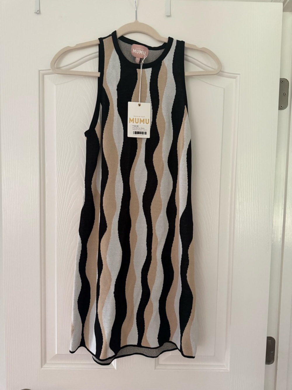Show Me Your MuMu Black Beige White Wave Knit Tank Dress